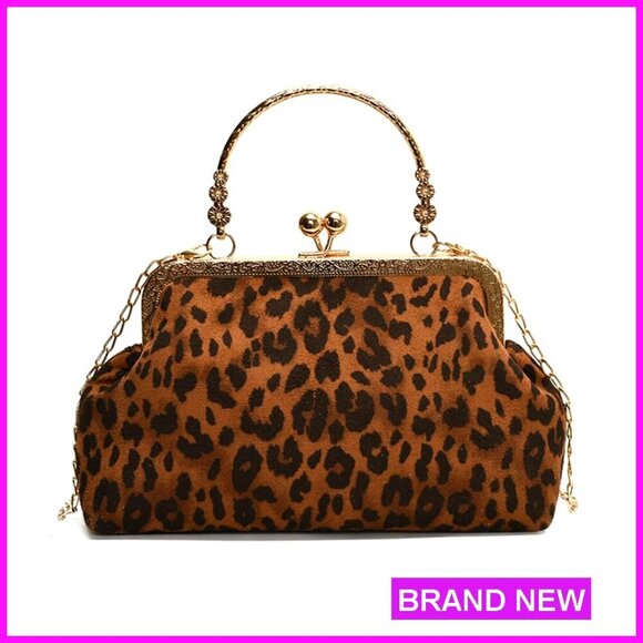 Handbags - Small Leopard Print Kiss Lock Evening Clutch with Removable Chain